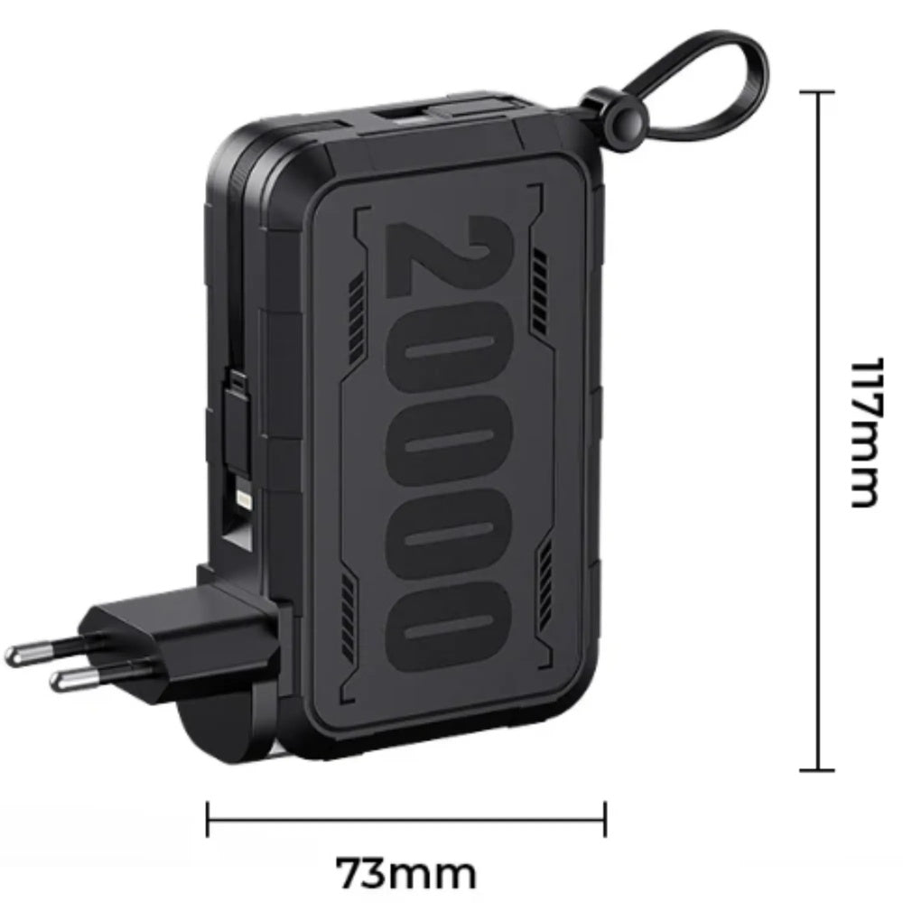 Power Bank Havit 20.000mAh 3en1 + Cargador AC con Enchufe EU+US + Cable Integrado Lightning y USB-C PB5231 EU+US-BK