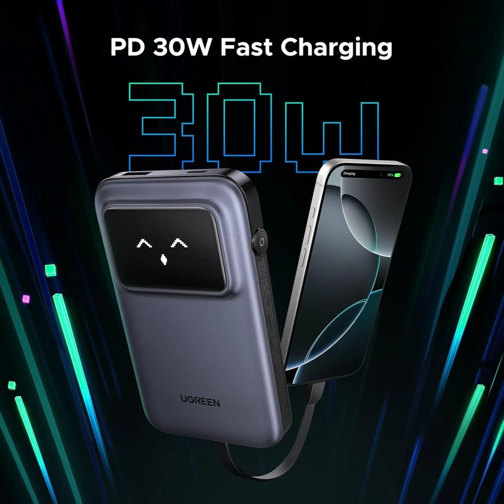 Power Bank Ugreen 10.000mAh 30W Robot Pantalla Digital 2xUSB-C 1xUSB-A Soporta SCP QC3.0 PD3.0 color Gris 35603B