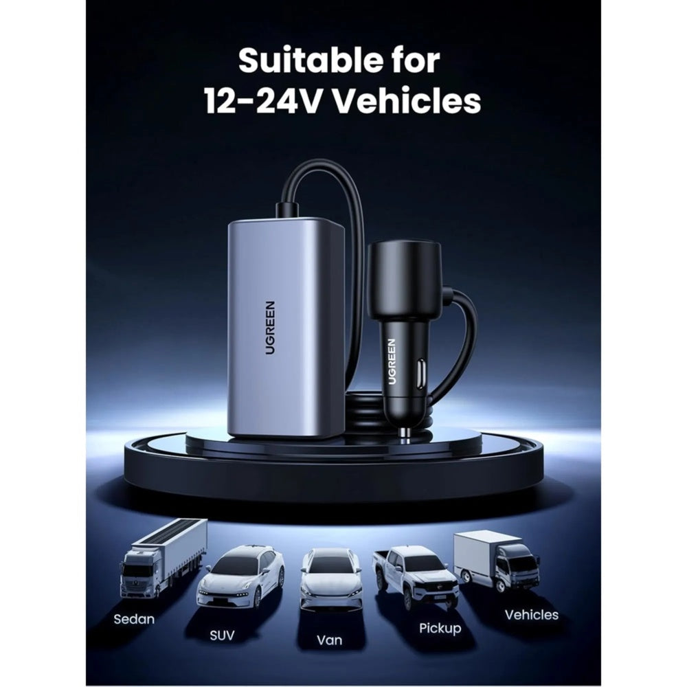 Cargador Ugreen de Vehiculo 150W 4 Puertos de Carga Inteligente 3xUSB-C 1xUSB-A Cable Integrado 1m 35571
