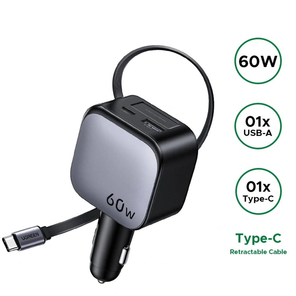 Cargador Ugreen de Vehiculo 60W con Cable Retractil 70cm Puertos 1xUSB-A 1xUSB-C Compatibilidad Universal 55212B