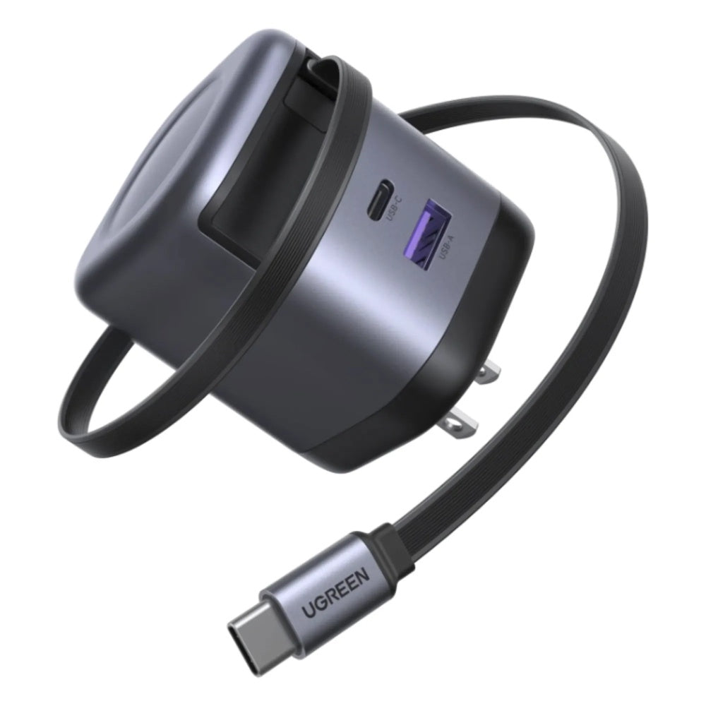 Cargador Ugreen 65W Nexode GaN Incluye Cable Retractil 70cm Puertos 1xUSB-C 1xUSB-A Proteccion Electrica 65824