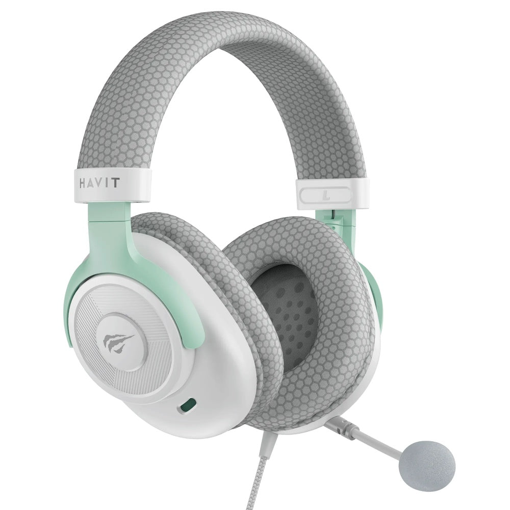 Audifono Gamer Havit Microfono Omnidireccional Driver 50mm Puerto AUX Blanco+Cyan Cable 1.8m H2230E-WHC