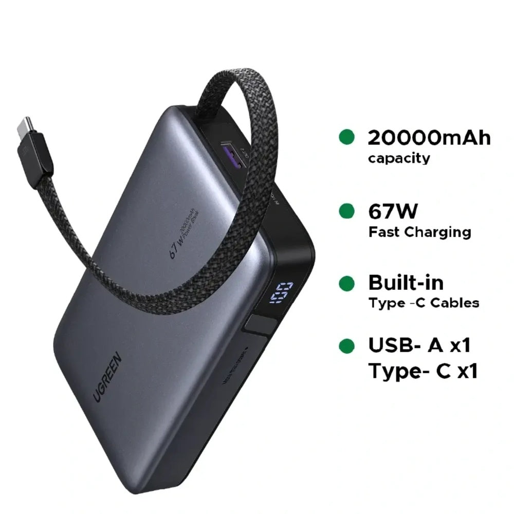 Power Bank Ugreen 20.000mAh 67W Cable USB-C 67W Puerto 1xUSB-A 1xUSB-C Pantalla LCD 85166B
