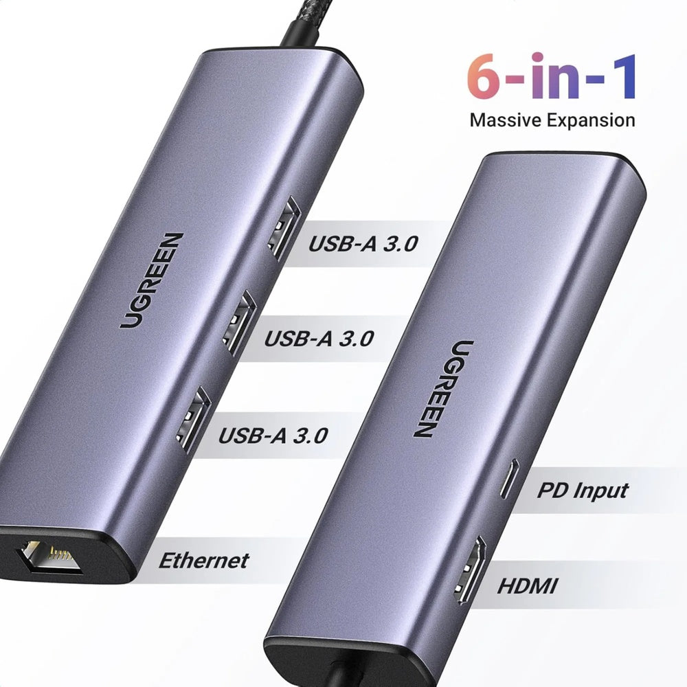 Hub USB-C Ugreen 6en1 1xHDMI 4K 30Hz 1xEthernet Gigabit 3xUSB-A 3.0 5Gbps PD100W Premium Metalico y Elegante 15598