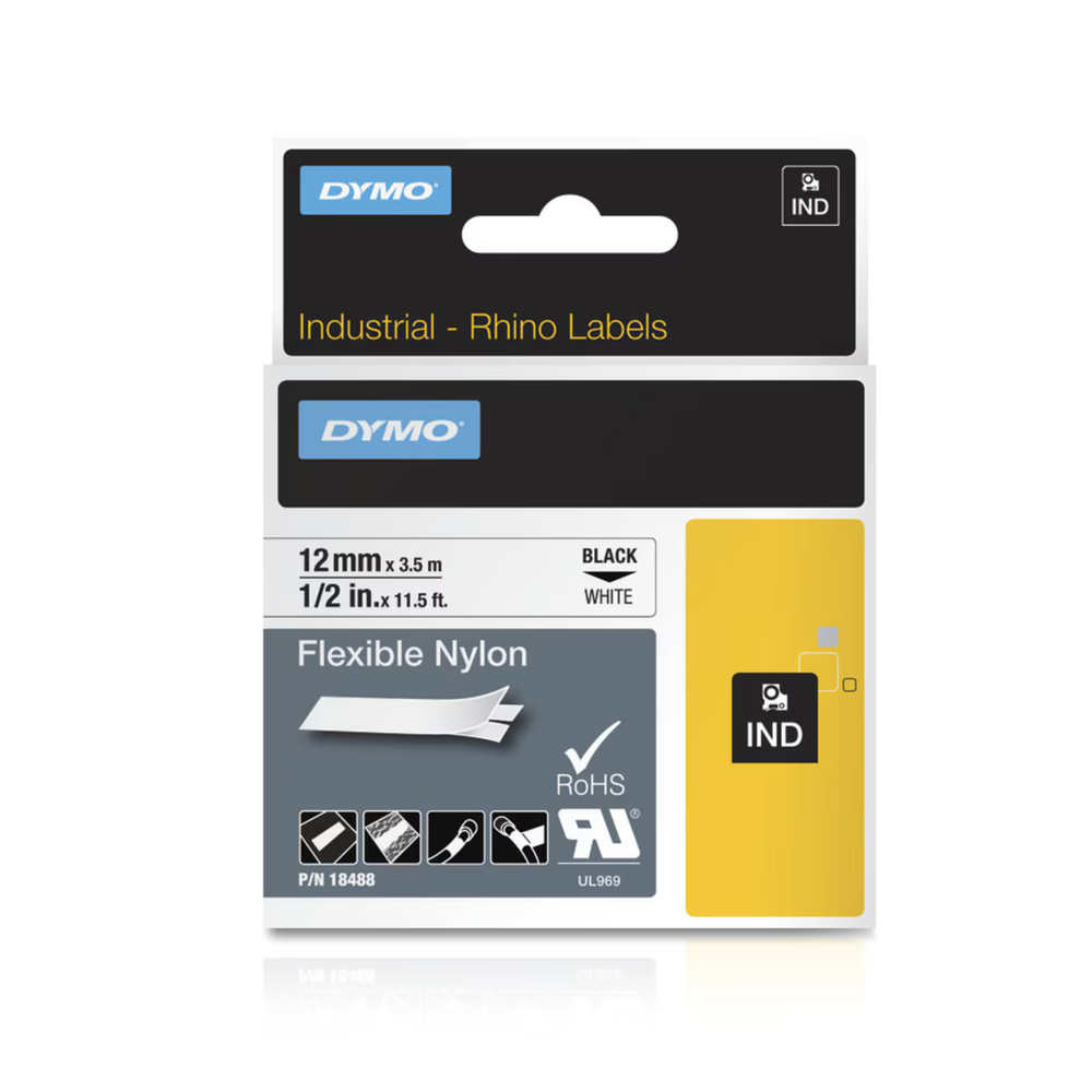 Cinta Dymo Rhino Industrial Nylon Flexible texto Negro fondo Blanco 12mm x 3.5m 18488