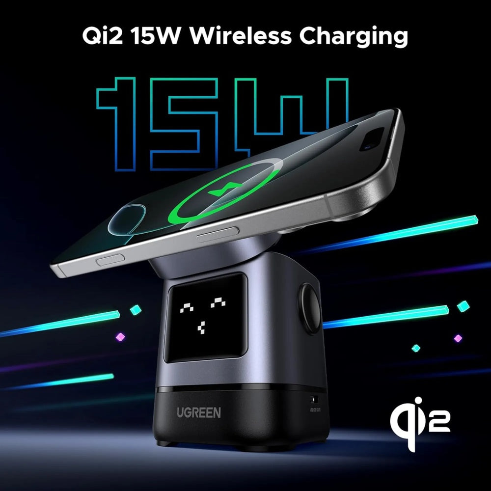 Cargador Ugreen Robot Qi2 2en1 15W Pantalla Frontal con Expresiones de Carga Sujecion Magnetica Ajuste de Angulo 45775