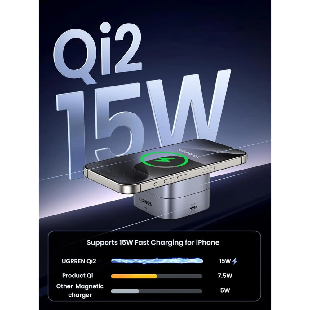 Cargador Inalambrico Ugreen Magnetico 2en1 Magflow Qi2 Magsafe Carga Simultanea + 1xUSB-C Plegable Portatil 35316