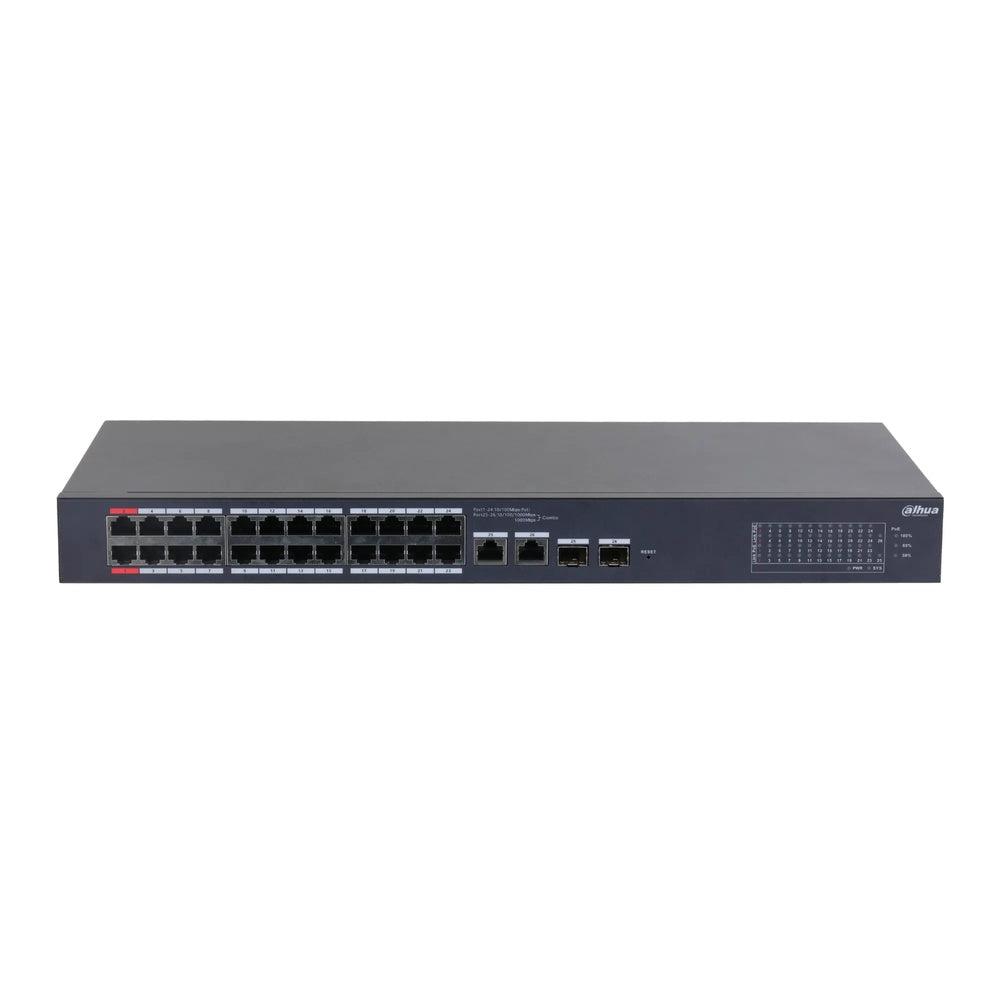 Switch Administrable Dahua 26 Puertos 24xPoE 240Watts 2x90Watts Watchdog 2xUplink Metalico DH-CS4226-24ET-240-V2