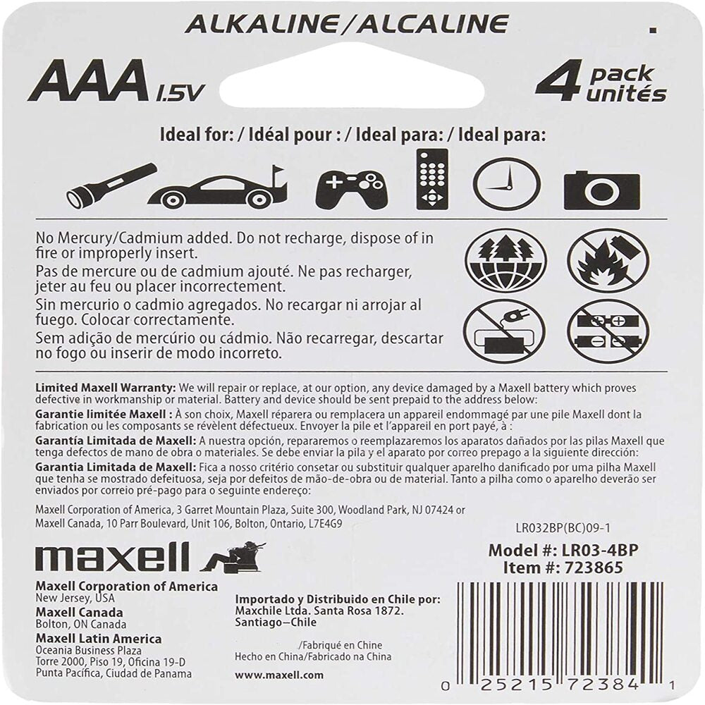 Pack de 4 Pilas Maxell AAA Alcalina 723865
