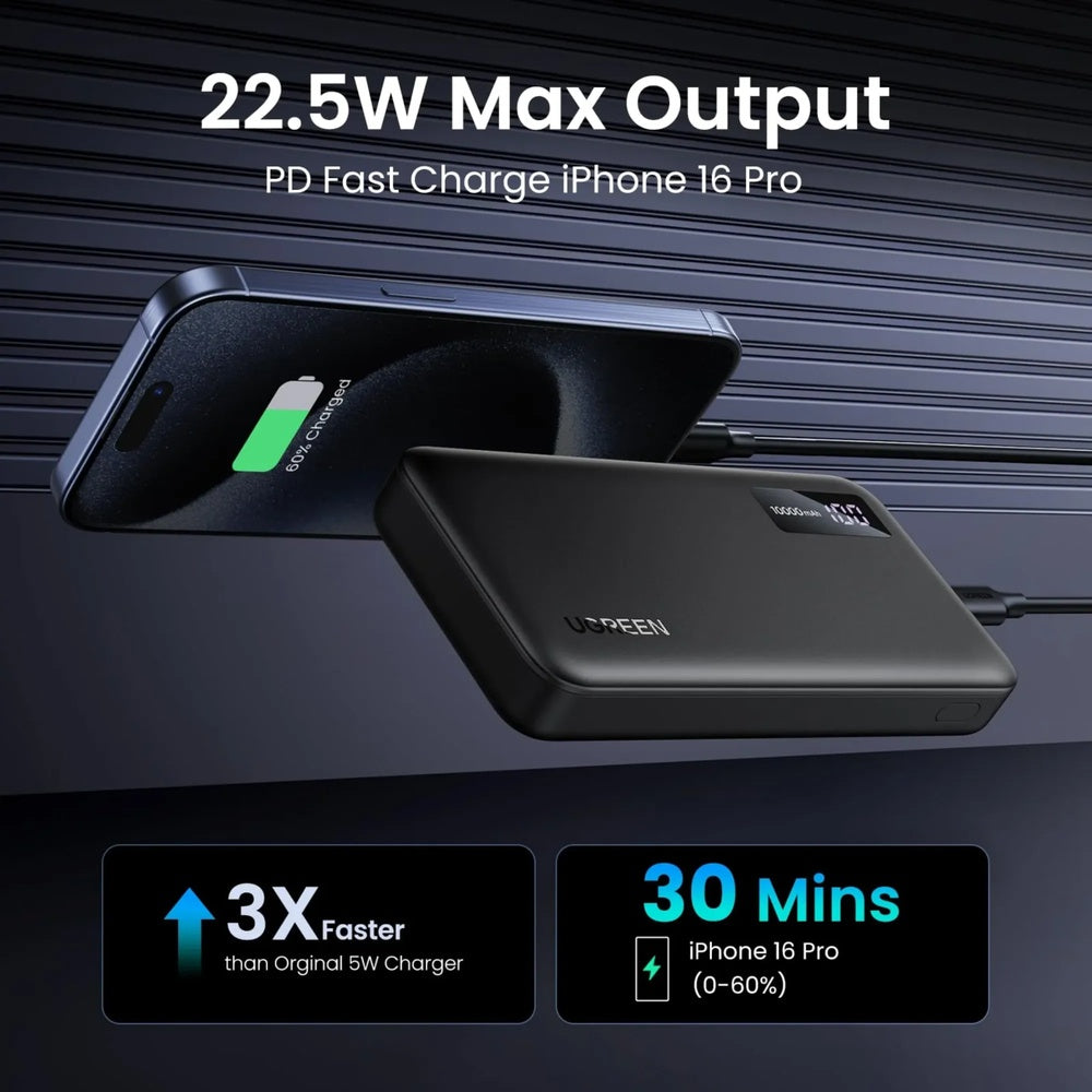 Power Bank Ugreen 10.000mAh 20W Carga Rapida Simultanea 1xUSB-A 212.5W 1xUSB-C 20W Pantalla LED 25742
