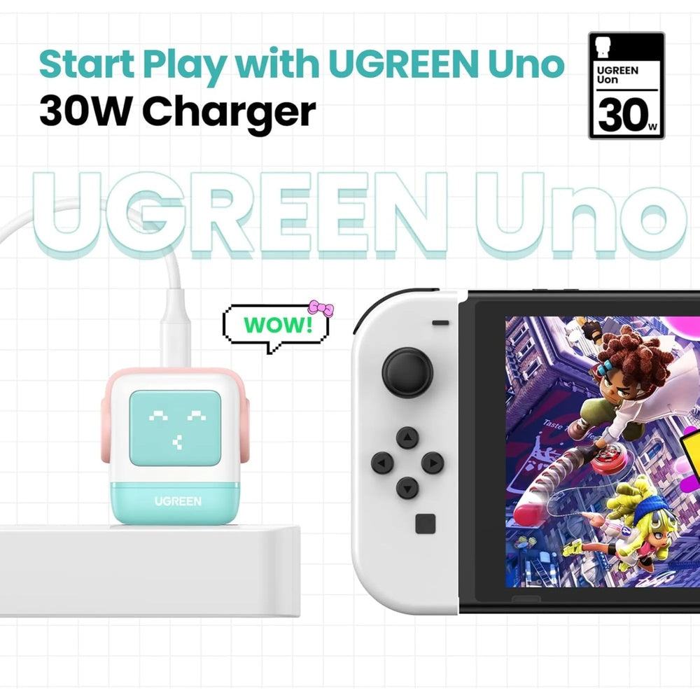 Cargador Ugreen USB-C 30W Nexode Robot GaN con Pantalla LED Puerto 1xUSB-C color Rosa+Azul 45089