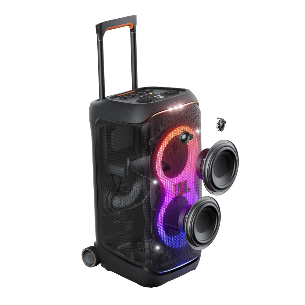 Parlante JBL Partybox Stage 320 Sonido Potente Show de Luces Futurista Ruedas y Jalador Telescopico Auracast Bateria hasta 18