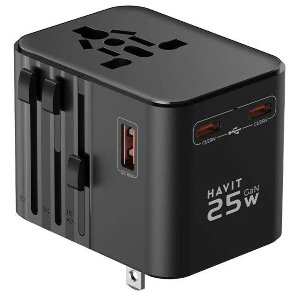 Cargador Havit 25W de Viaje Universal Soporta 4 Dispositivos al mismo tiempo 1xUSB-A 2xUSB-C 1xSalida AC UCT700-BK
