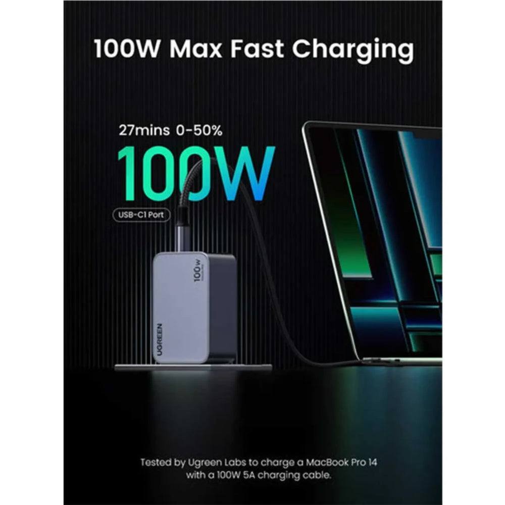Cargador Ugreen Nexode Pro 100W GaN Carga Simultaneo 3 Equipos 2xUSB-C 1xUSB-A Proteccion Thermalguard 25873