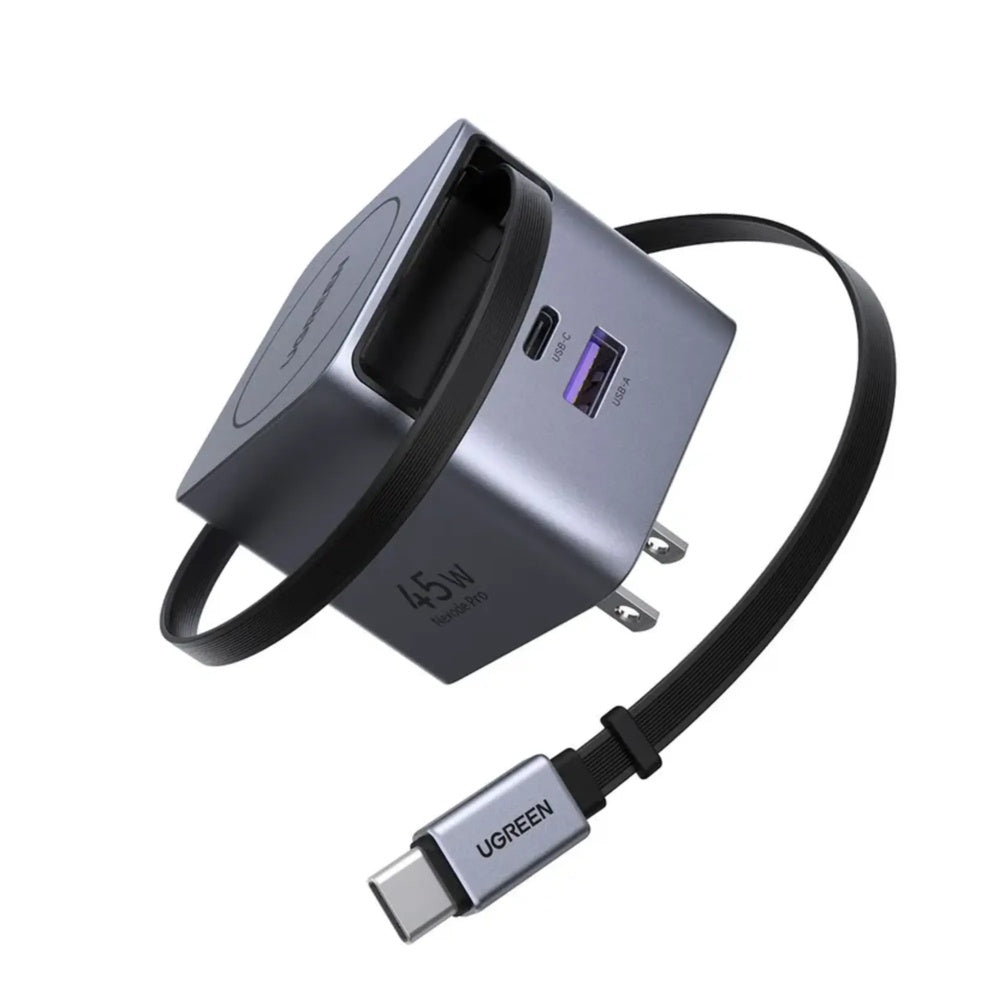 Cargador Ugreen 45W GaN Incluye Cable Retractil 70cm Puertos 1xUSB-C 1xUSB-A Acabado Premium 65821
