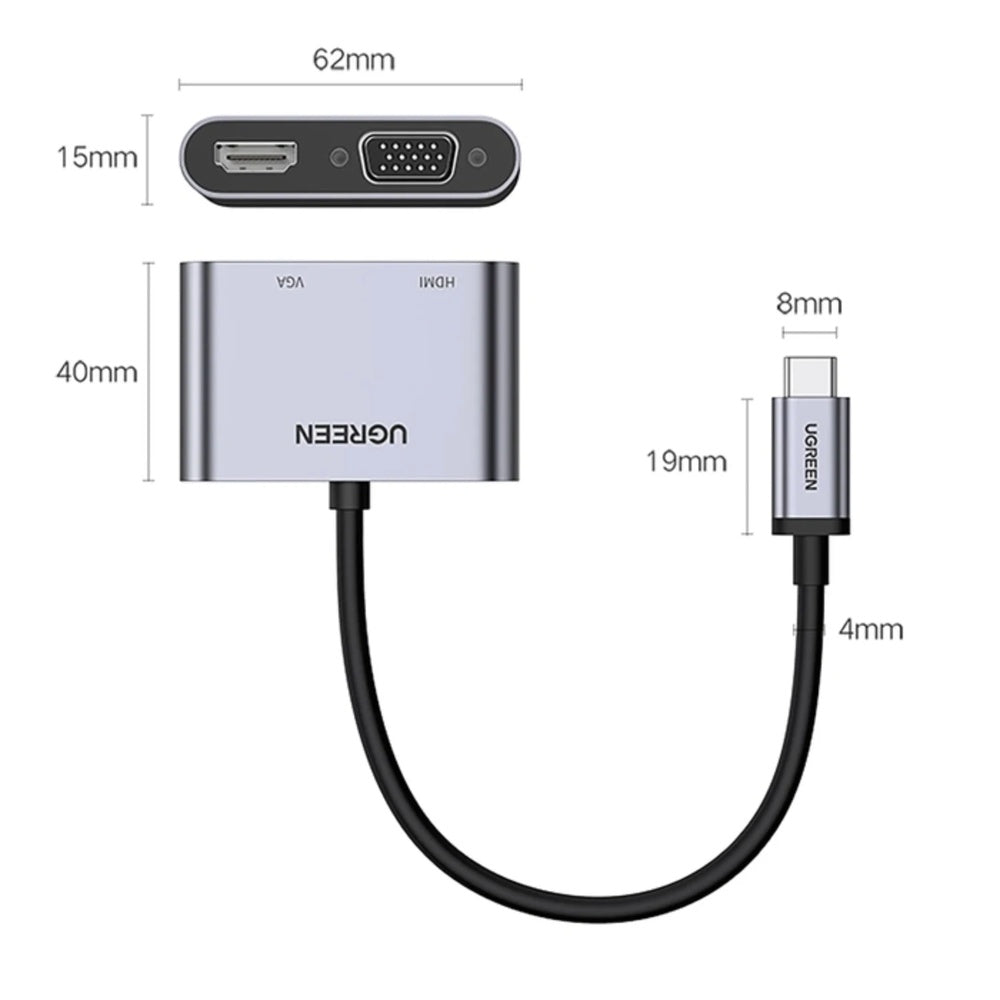 Adaptador Ugreen Multipuerto USB-C a VGA y HDMI Salida de Video Simultanea HDMI 4K 30Hz + VGA 1080P 60Hz 50505
