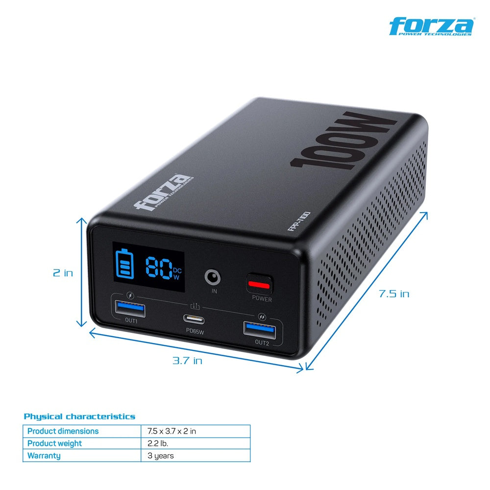 Fuente de Alimentación Portatil Forza de 100W Salida 1xNEMA 5-15R 2xUSB-A 1xUSB-C PD 65W Bateria LifePO4 FPP-T100