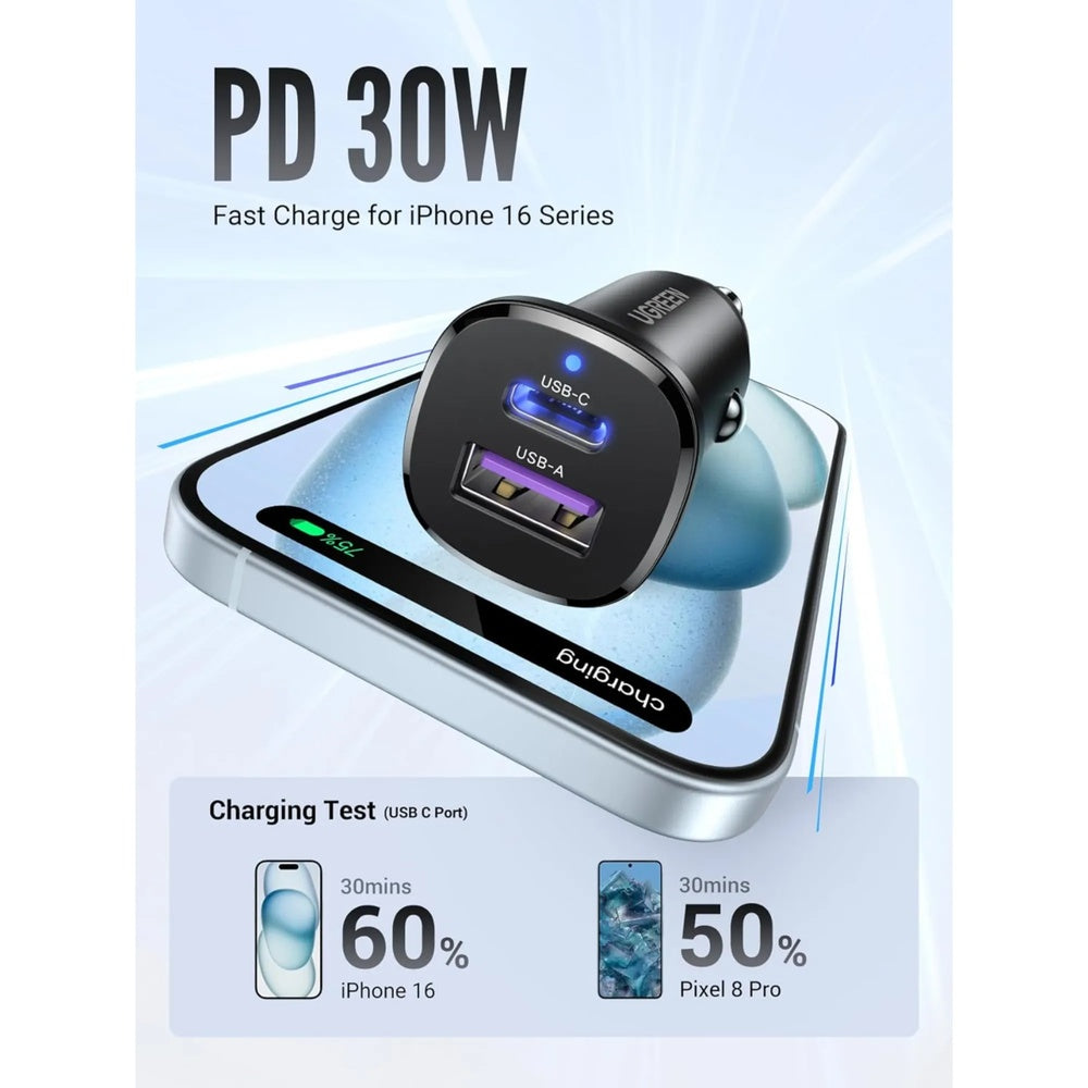 Cargador Ugreen de Auto 30W Carga Rapida Dual 1xUSB-A 1xUSB-C Protocolos PC3.0 QC4+ PPS AFC SCP 25845