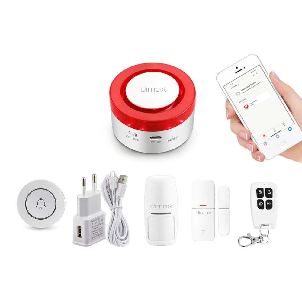 Kit de Alarma Smart Dimax WiFi Incluye Hub Sirena Contacto Magnetico Sensor de Mov. Control Remoto APP Celular R323
