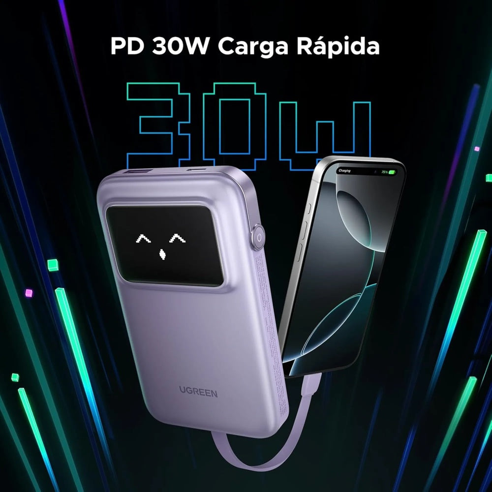 Power Bank Ugreen 10.000mAh 30W Robot Pantalla Digital 2xUSB-C 1xUSB-A Soporta SCP QC3.0 PD3.0 color Purpura 35604B