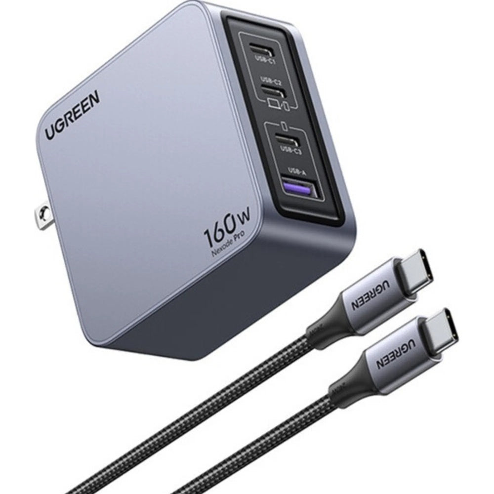 Cargador Ugreen Nexode Pro 160W GaN Carga Simultaneo 4 Equipos 3xUSB-C 1xUSB-A Incluye Cable de Carga 25876