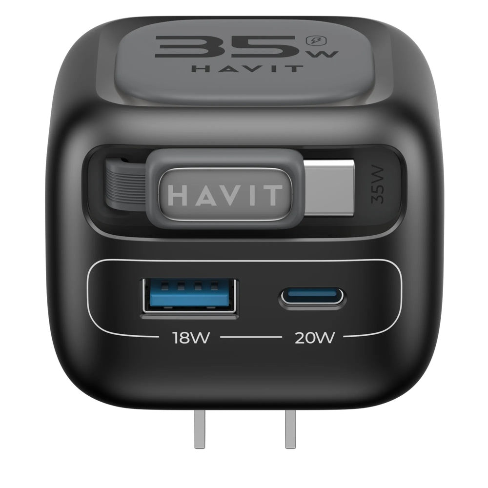 Cargador Havit GaN 35W con Cable Retractil de 70cm Incluye Puerto 1xUSB-A 1xUSB-C UC251 Carga Inteligente US-BKG