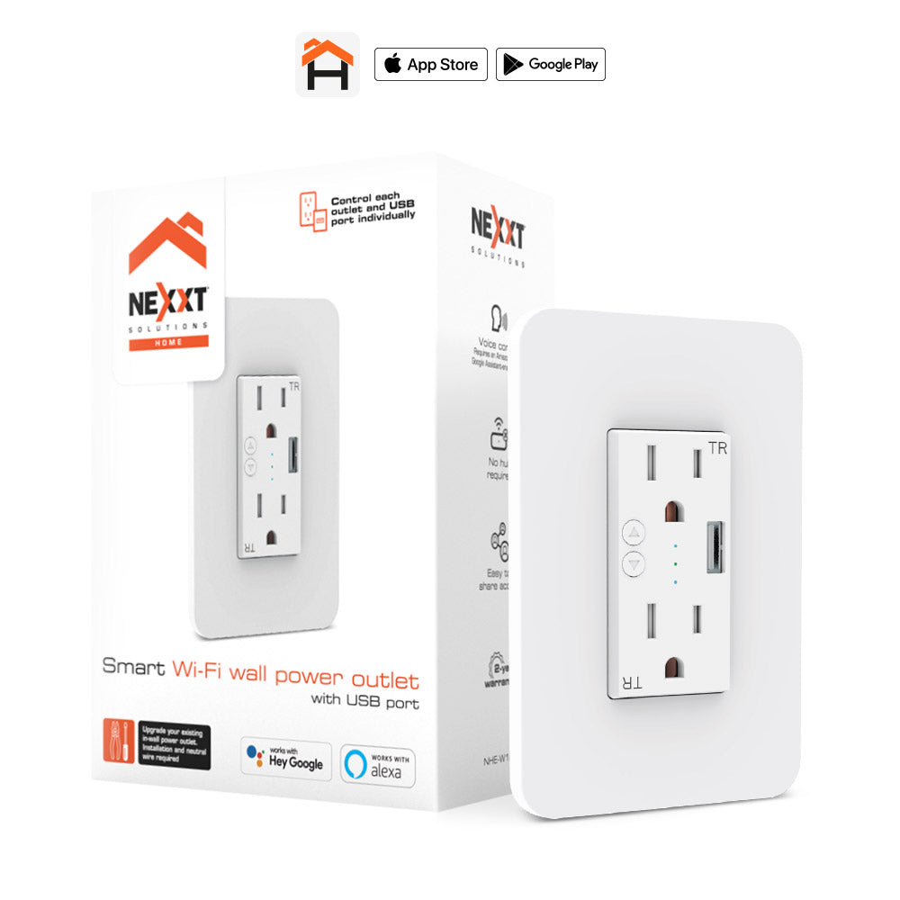 Tomacorriente de Pared Nexxt Inteligente con WiFi y USB soporta 10 Amp Compatible con Google y Amazon Alexa NHE-W100