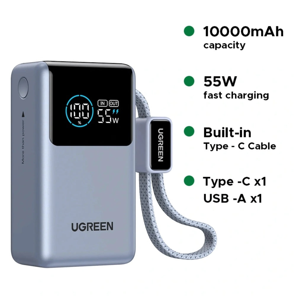 Power Bank Ugreen Nexode Pro 10.000mAh 55W 1xCable USB-C Puerto 1xUSB-A 1xUSB-C Pantalla Digital 75701B
