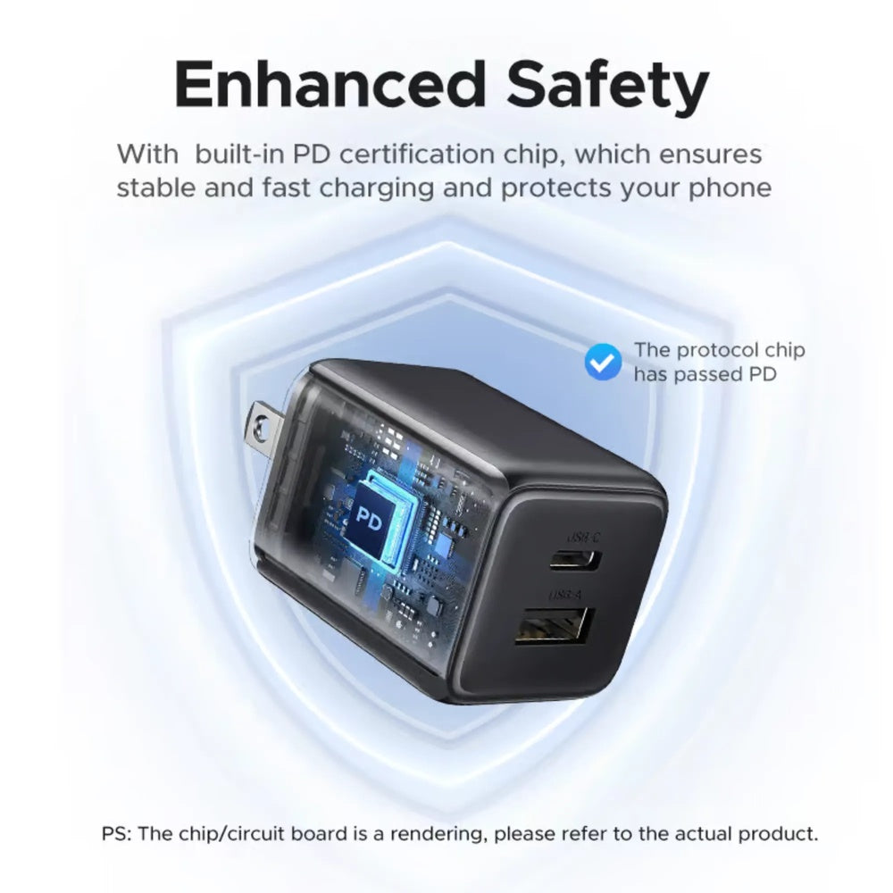 Mini Cargador Ugreen 20W GaN Dual Port 1xUSB-A 18W QC y 1xUSB-C 20W PDcon 4 Niveles de Proteccion Electrica 55533