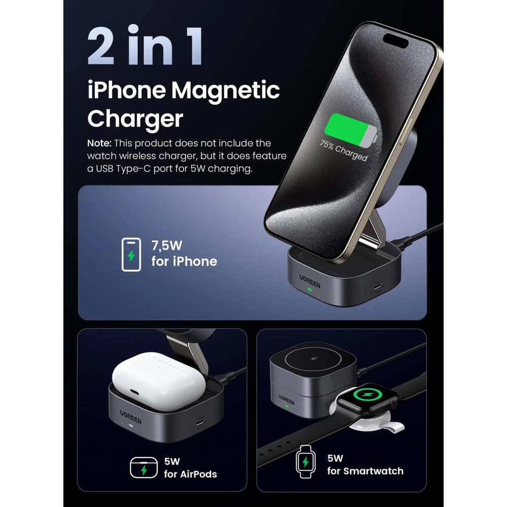 Cargador Ugreen 2en1 Inalambrico 15W para Celular y 5W para Auricular Compacto y Plegable 35278