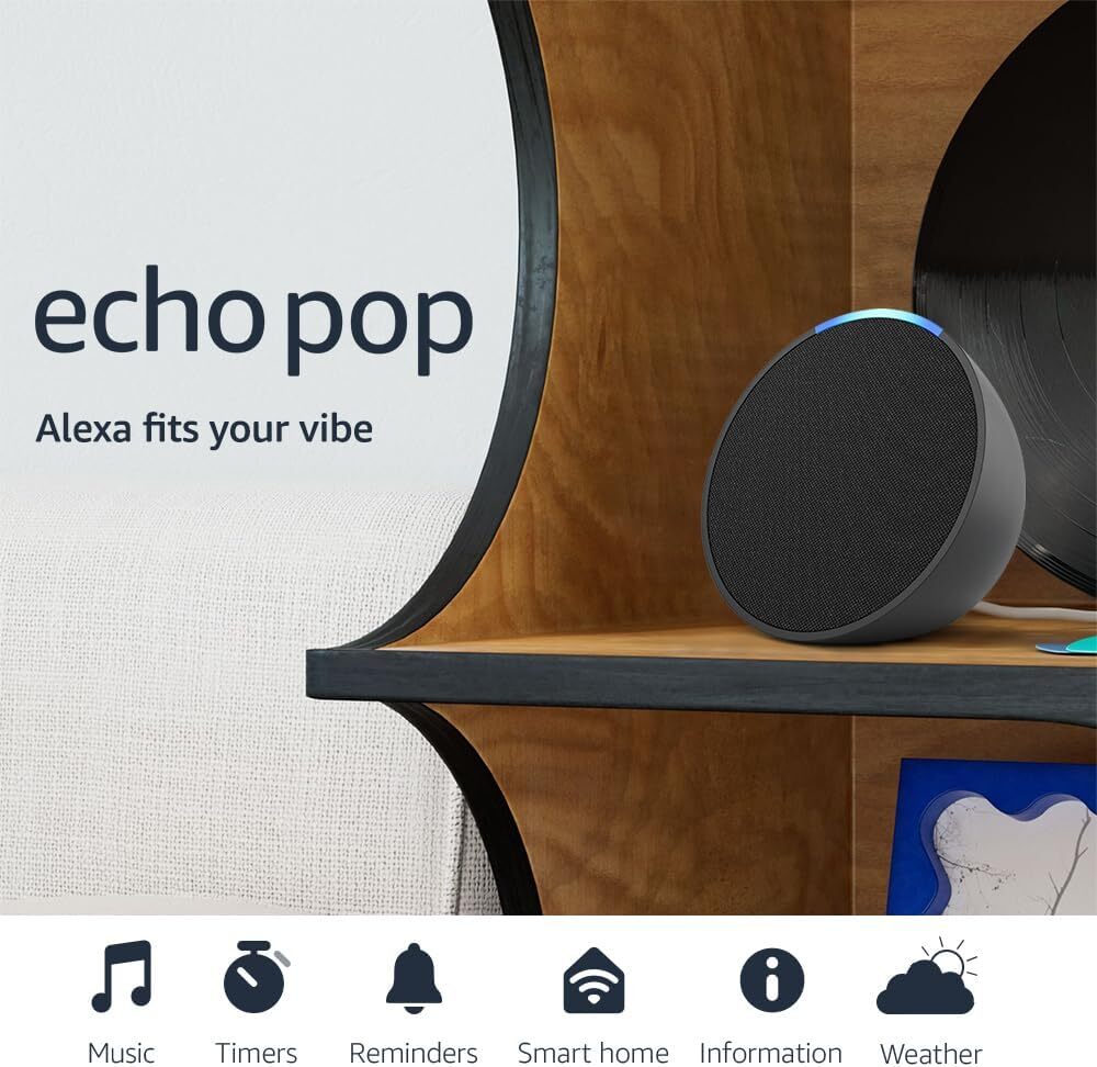 Parlante Amazon Alexa Echo Pop 1ra Gen Sonido HiFi Doble Banda 2.4 y 5.0GHz Bluetooth color Negro C2H4R9-N
