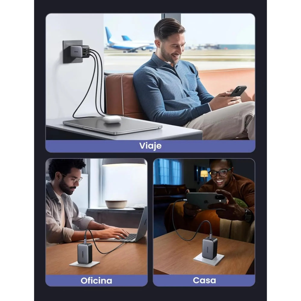 Cargador Ugreen 65W Nexode S GaN Puertos 1xUSB-A 2xUSB-C 3 Cargas en Simultaneo 45223
