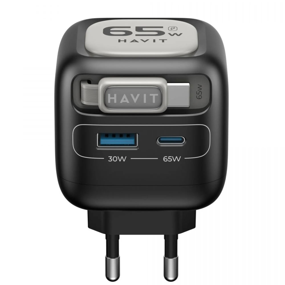 Cargador Havit 65W con Cable Retractil de 70cm Puertos 1xUSB-A y 1xUSB-C UC253 US-BKG
