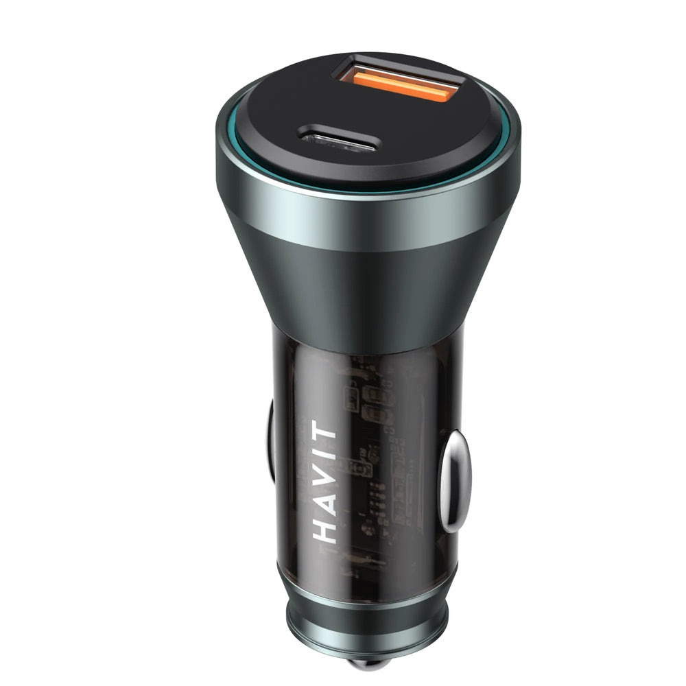 Cargador de Vehiculo Havit 30W Doble Salida 1xUSB-A 18W y 1xUSB-C 20W Entrada 12-24V Proteccion Inteligente CC2017-BKBL