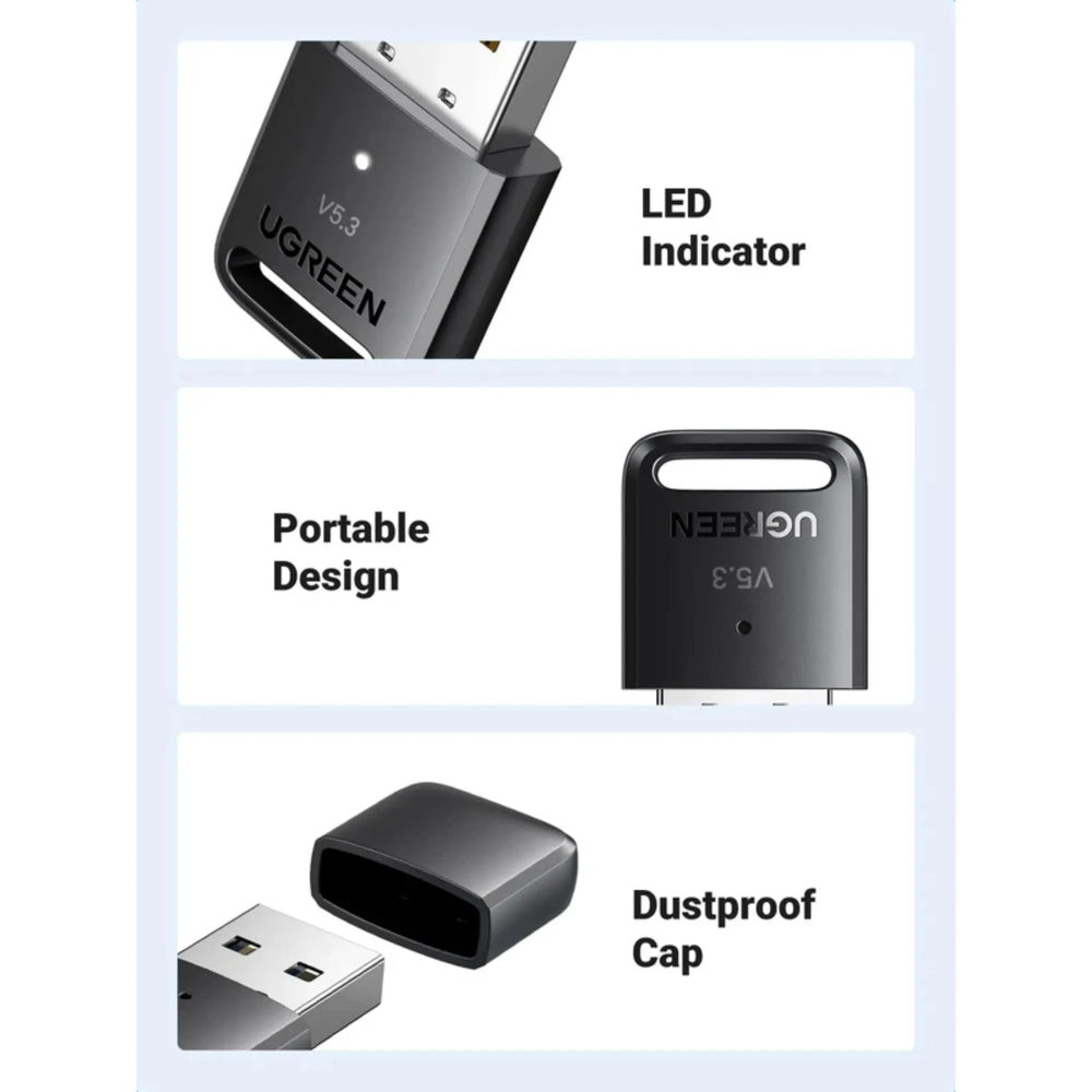 Adaptador Ugreen USB-A a Bluetooth v5.3 BR+EDR BLE Soporta 7 Dispositivos en Simultaneo Indicador LED 90225
