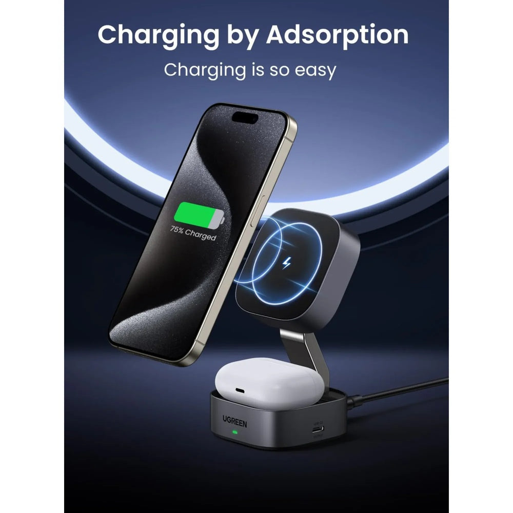 Cargador Ugreen 2en1 Inalambrico 15W para Celular y 5W para Auricular Compacto y Plegable 35278