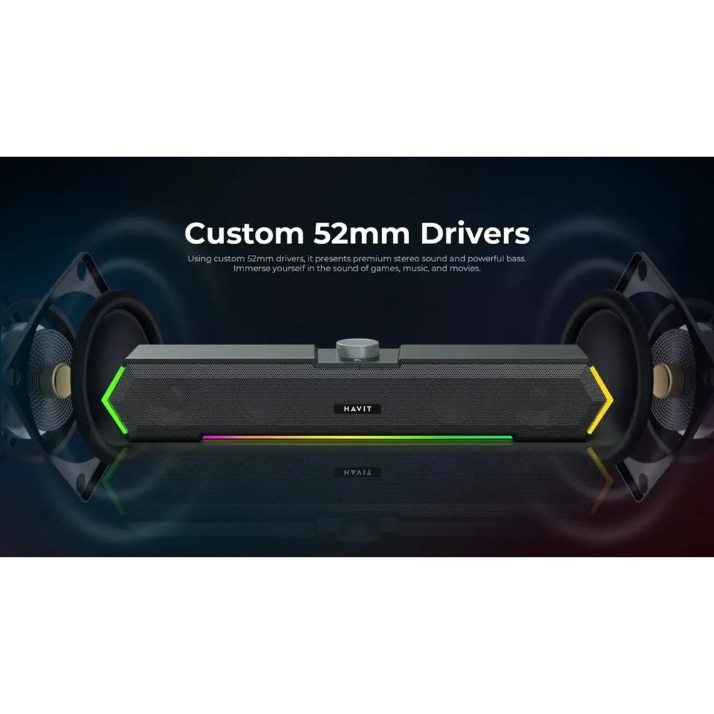 Barra de Sonido Gamer Havit RGB Drivers 52mm Conexion AUX 3.5mm Multiplataforma Potencia 3Wx2 Cable 1.2m M19