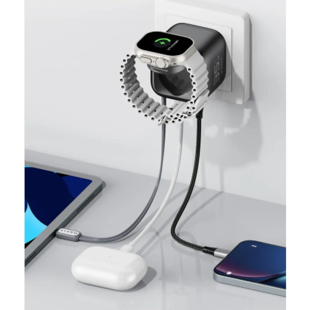Cargador Havit 35W Multifuncion Cable Retractil USB-C 70cm + 1xUSB-A + 1xUSB-C + Base Carga Inalambrica UC250 A-EU-BKG