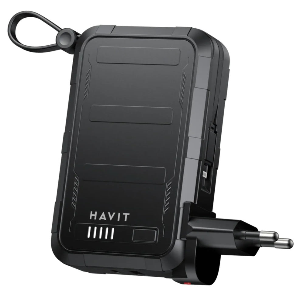 Power Bank Havit 20.000mAh 3en1 + Cargador AC con Enchufe EU+US + Cable Integrado Lightning y USB-C PB5231 EU+US-BK