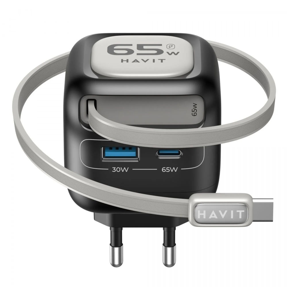 Cargador Havit 65W con Cable Retractil de 70cm Puertos 1xUSB-A y 1xUSB-C UC253 US-BKG