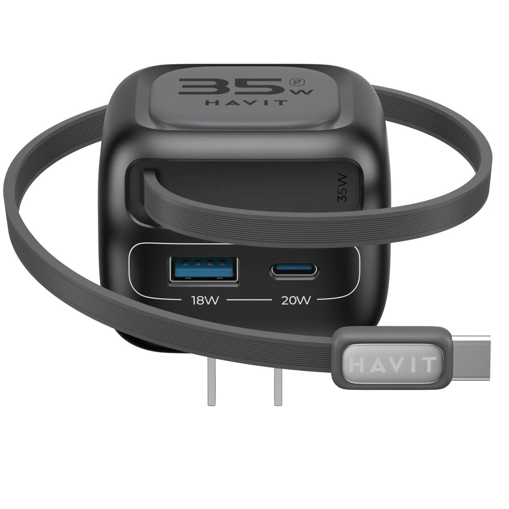 Cargador Havit GaN 35W con Cable Retractil de 70cm Incluye Puerto 1xUSB-A 1xUSB-C UC251 Carga Inteligente US-BKG