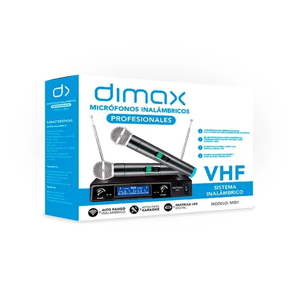 Microfono Dimax VHF Inalambrico 174 a 216MHz Alcance hasta 35 Metros Bateria hasta 6 Horas Modulacion FM M001