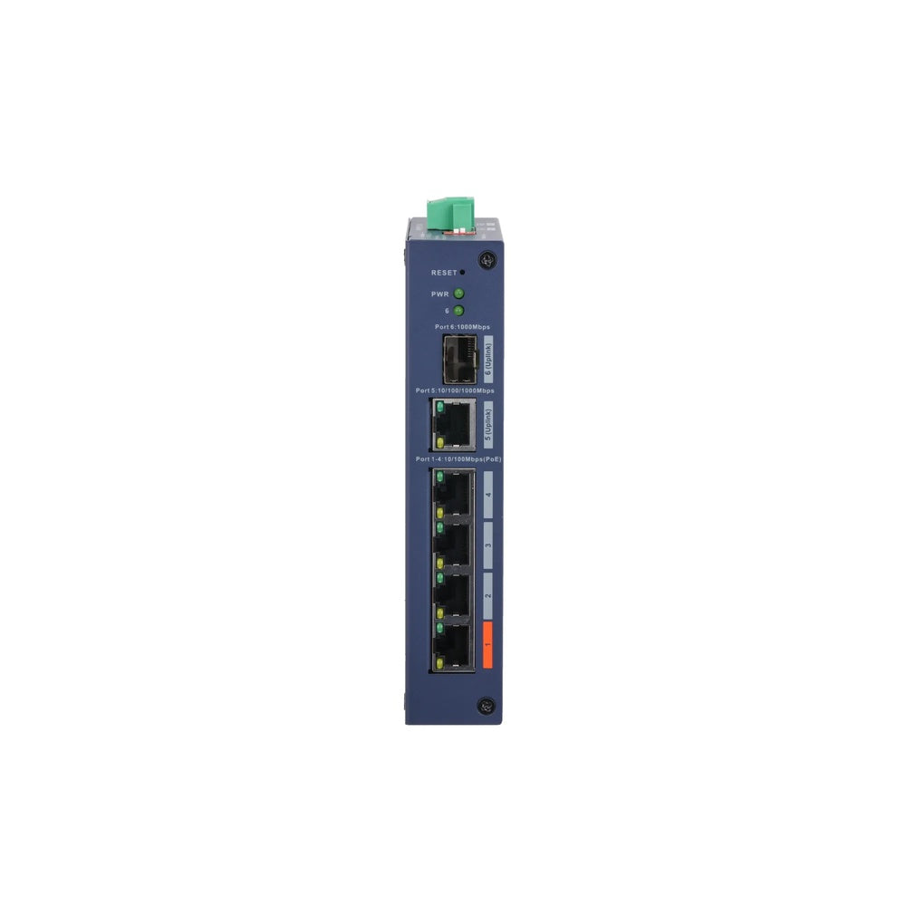 Switch Administrable Dahua 6 Puertos 4xPoE 1xPuerto TX 250m Metalico RielDIN DH-CHS4106-4ET-60