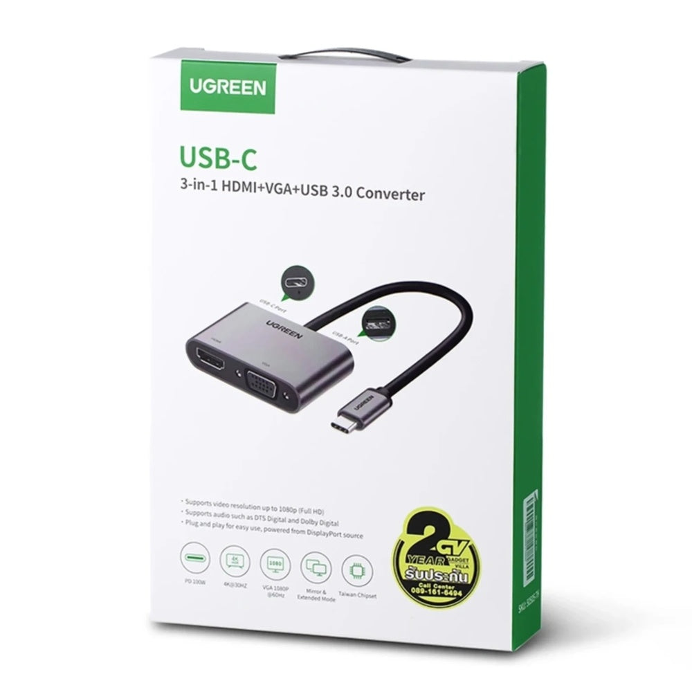 Adaptador Ugreen Multipuerto USB-C a VGA y HDMI Salida de Video Simultanea HDMI 4K 30Hz + VGA 1080P 60Hz 50505