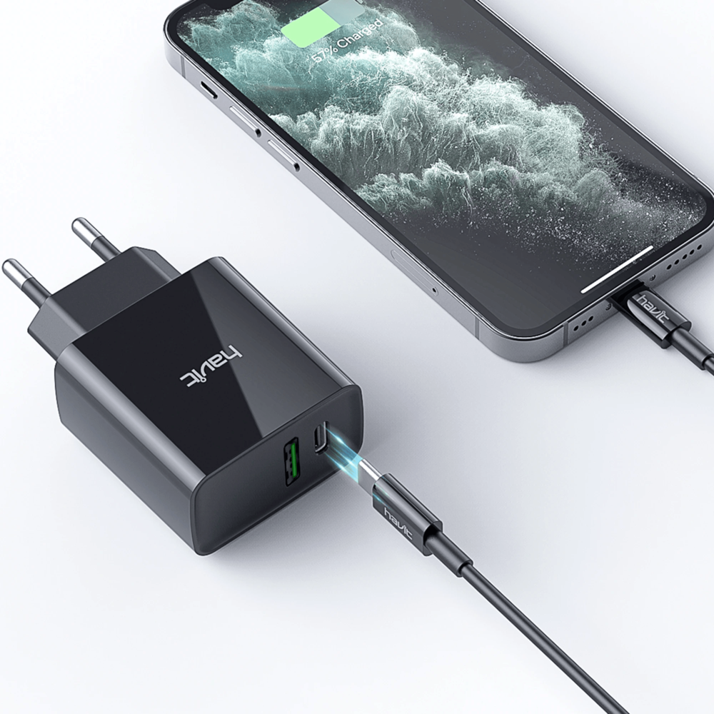 Cargador Havit PD20W + QC 3.0 USB-A 5/9/12V USB-C 5/9/12V color Blanco HV-UC111-US-W