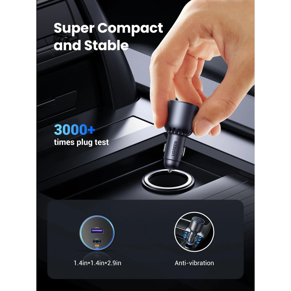 Cargador Ugreen de Vehiculo 63W Carga Ultra Rapida USB-C hasta 45W USB-A hasta 18W Compatible PC 3.0 QC 3.0 35023-EC701