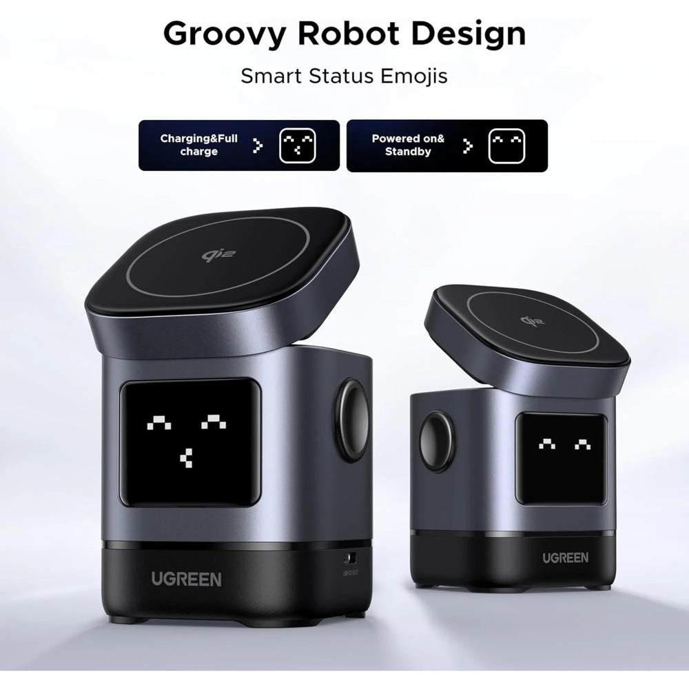 Cargador Ugreen Robot Qi2 2en1 15W Pantalla Frontal con Expresiones de Carga Sujecion Magnetica Ajuste de Angulo 45775
