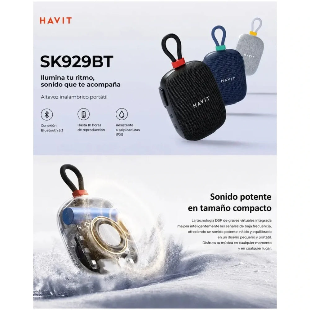 Parlante Havit Portatil para Bicicletas 5W Bateria 6 horas Manos Libres Entrada USB-C Resistente al Agua IPX7 SK929BT
