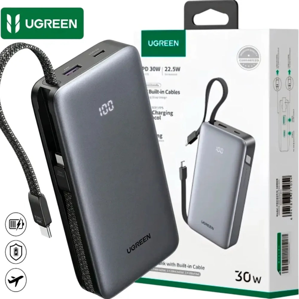 Power Bank Ugreen 20.000mAh 30W Pantalla LCD Cable USB-C Puerto 1xUSB-A 1xUSB-C Conectividad Multidispositivo 55985B