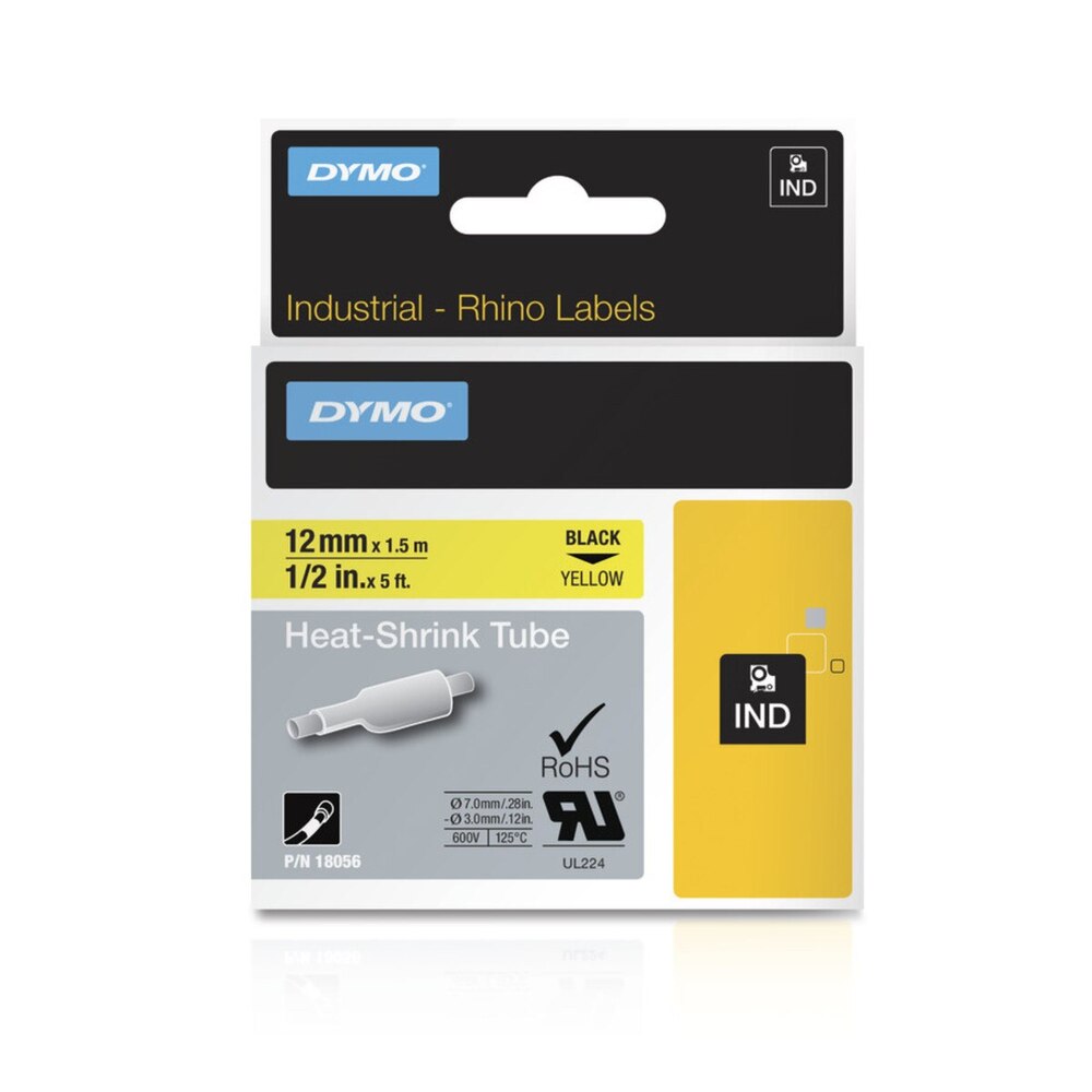 Cinta Dymo Rhino Industrial Termocontraible texto Negro fondo Amarillo 12mm x 1.5m 18056